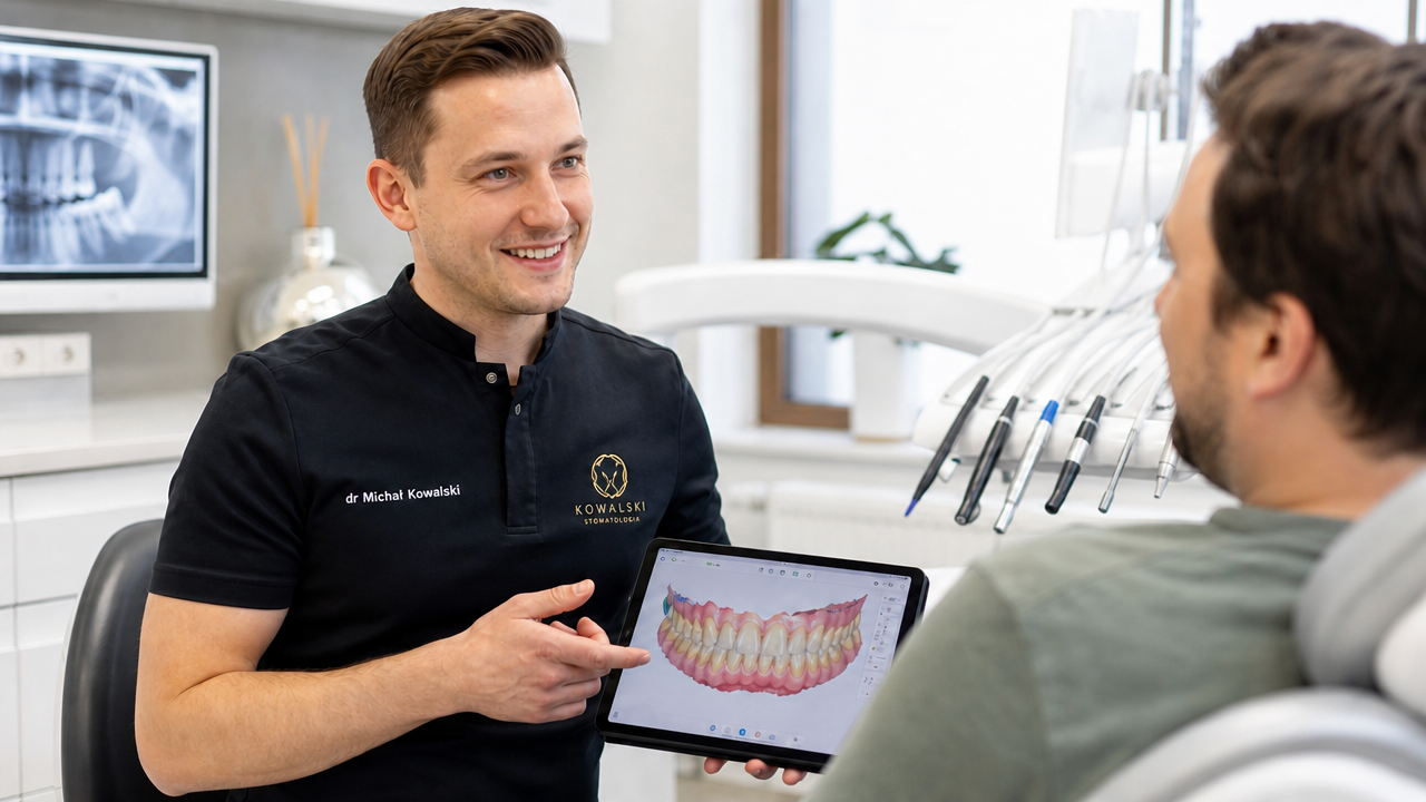 Konsultacja w MyDentist — lekarz pokazuje pacjentowi skan 3D na tablecie